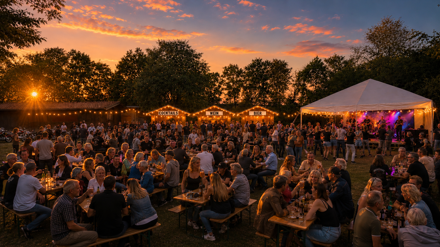 Gemeinsam feiernde Gäste vor der Bühne beim Ross Angels Fest im Abendlicht